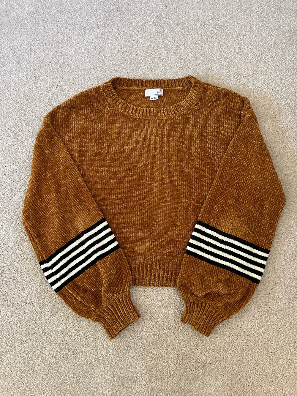 Cozy Chestnut Crewneck Sweater with Contrast Striped Cuffs